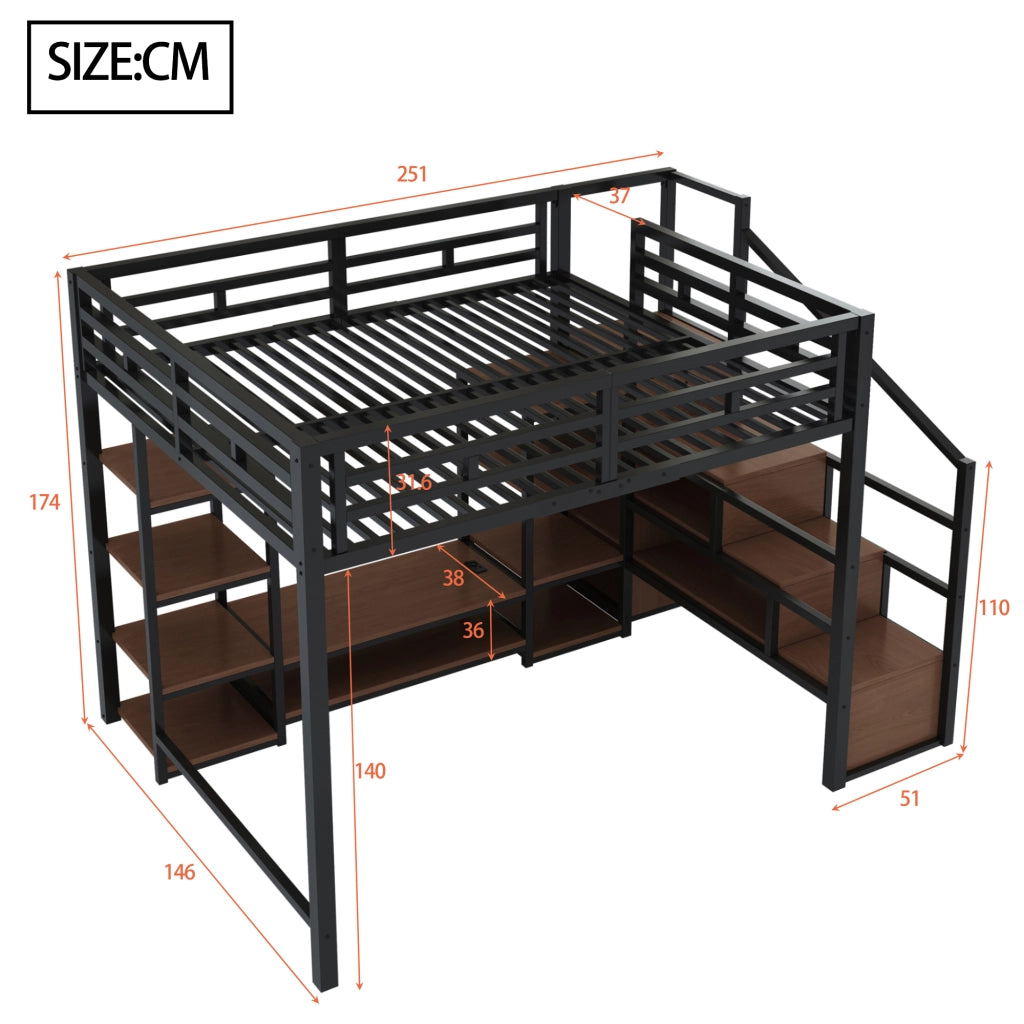 Letto a soppalco 140x200 cm con supporto TV; prese USB; scala di sicurezza e contenitore; metallo e legno nero