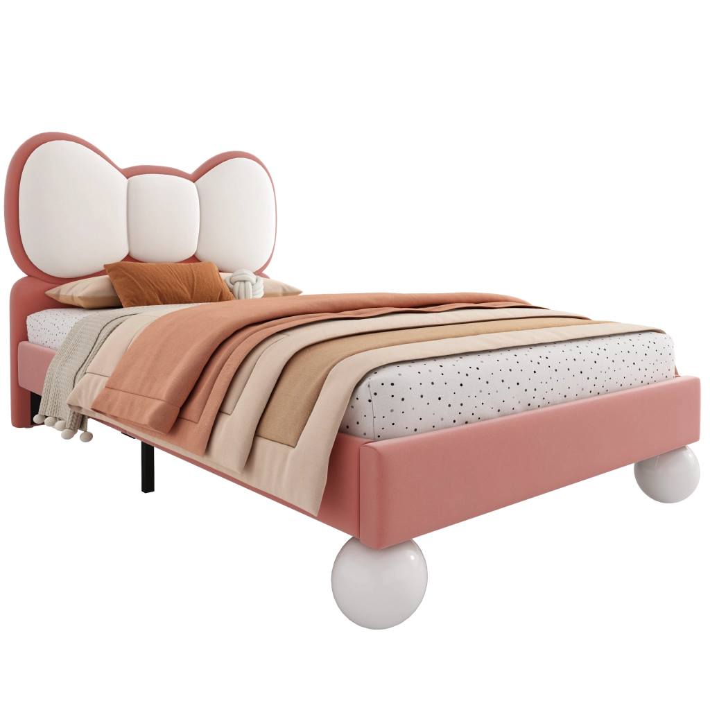 Letto per Bambini 90×200 cm; Letto Singolo con LED Regolabile e Testiera a Farfalla; senza Materasso; Velluto Rosa e Beige