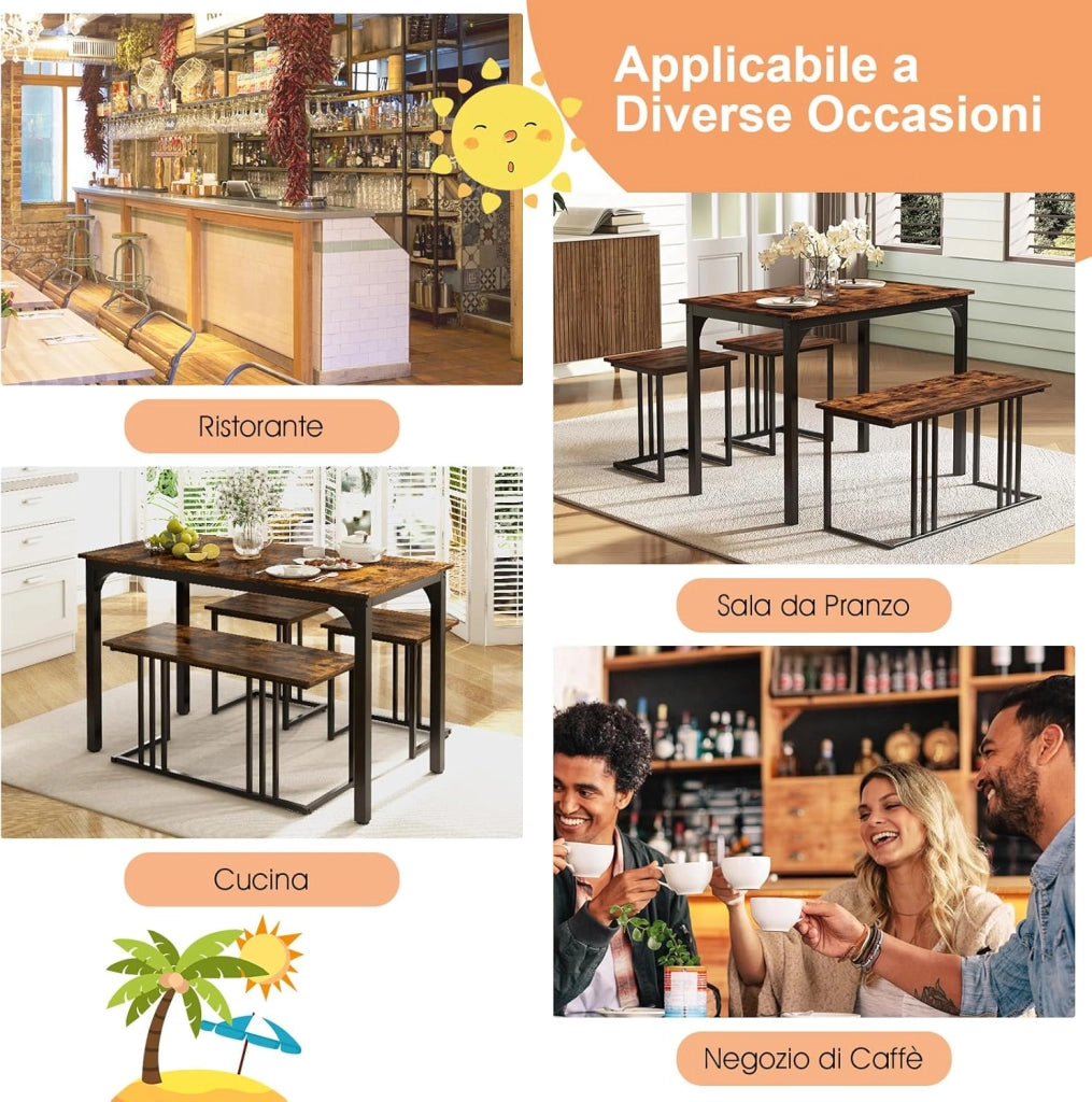Set Tavolo da Pranzo 4 Pezzi 120x60x75cm, Tavolo da Cucina con 2 SgabellI e Panca in Stile Industriale per Sala da Pranzo, Bar e Ristorante (Marrone)