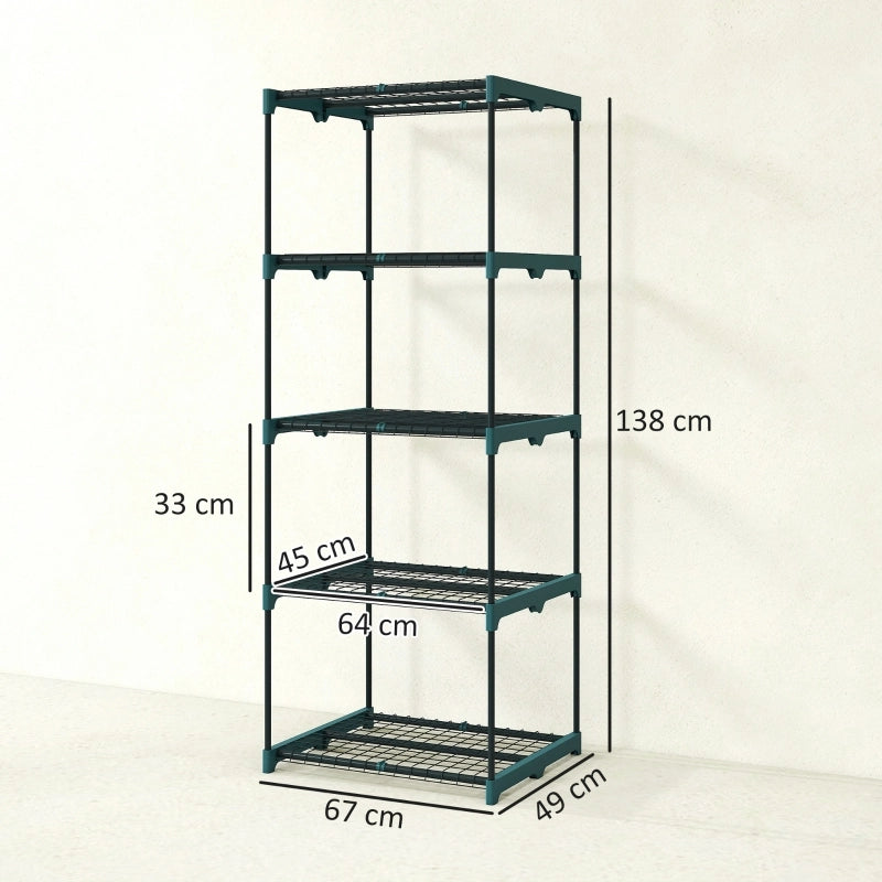 Scaffale a 5 livelli per piante in plastica con struttura in acciaio per balconi e interni verde scuro