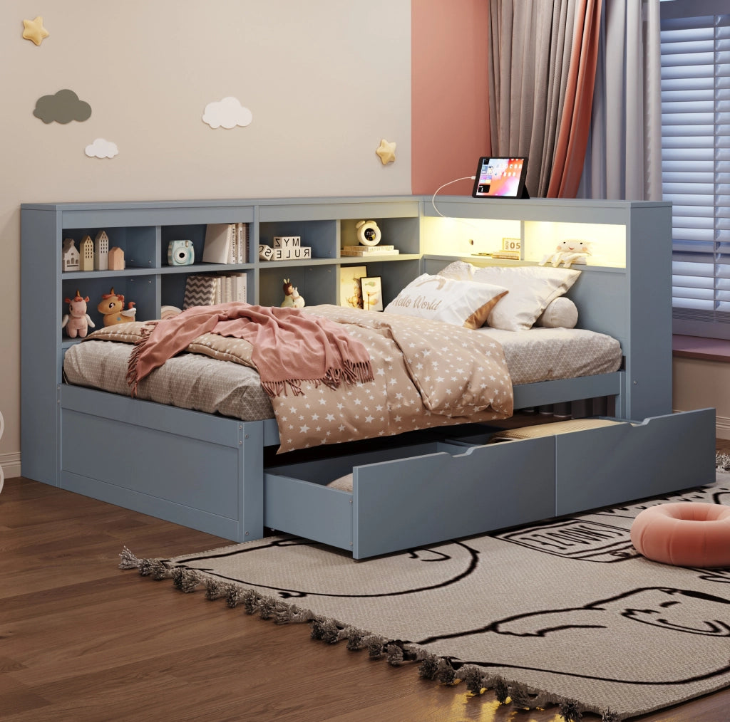 Letto singolo 90x200 cm con cassetti, USB e LED in pino, compensato e MDF grigio