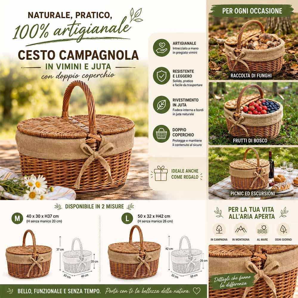 Cesto picnic campagnola Grande in Vimini e Juta con Coperchio cm 50 x 32 x h 42