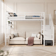 Letto a soppalco per bambini 90x200 cm con scaffali e scala contenitore; bianco; in metallo e MDF