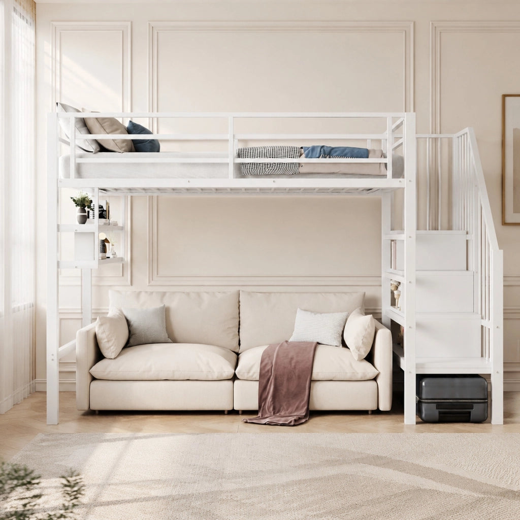 Letto a soppalco per bambini 90x200 cm con scaffali e scala contenitore; bianco; in metallo e MDF