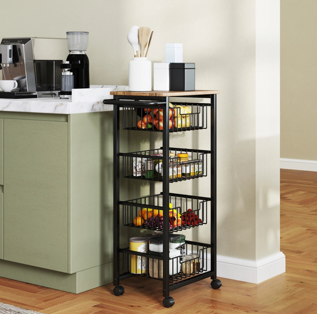 Carrello da cucina 49.5x31x91 cm con 4 cestelli estraibili e ruote; acciaio; naturale