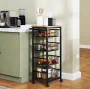 Carrello da cucina 49.5x31x91 cm con 4 cestelli estraibili e ruote; acciaio; naturale