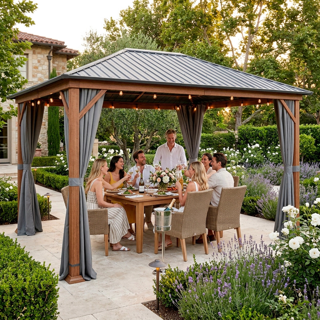 Gazebo Per Giardino 3x4 Metri Con Struttura Effetto Legno Tetto In Acciaio Zincato E Tende Laterali Impermeabili Adatto A Patio Terrazza E Outdoor 300 x 400 x 295 Cm Effetto Legno E Grigio