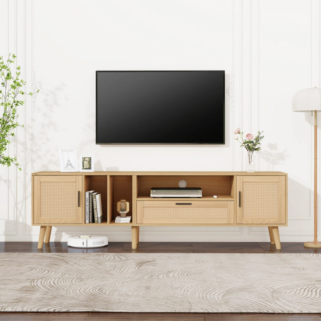 Mobile TV 180 cm in finitura legno con dettagli in rattan, 2 ante, 1 cassetto e gestione cavi per TV fino a 80 pollici