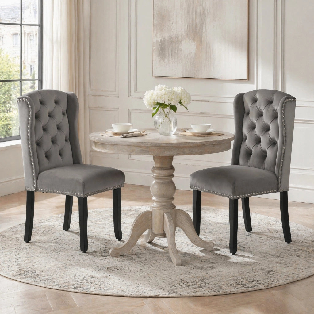 Set di 2 sedie da pranzo in velluto grigio con gambe in legno di quercia, stile moderno