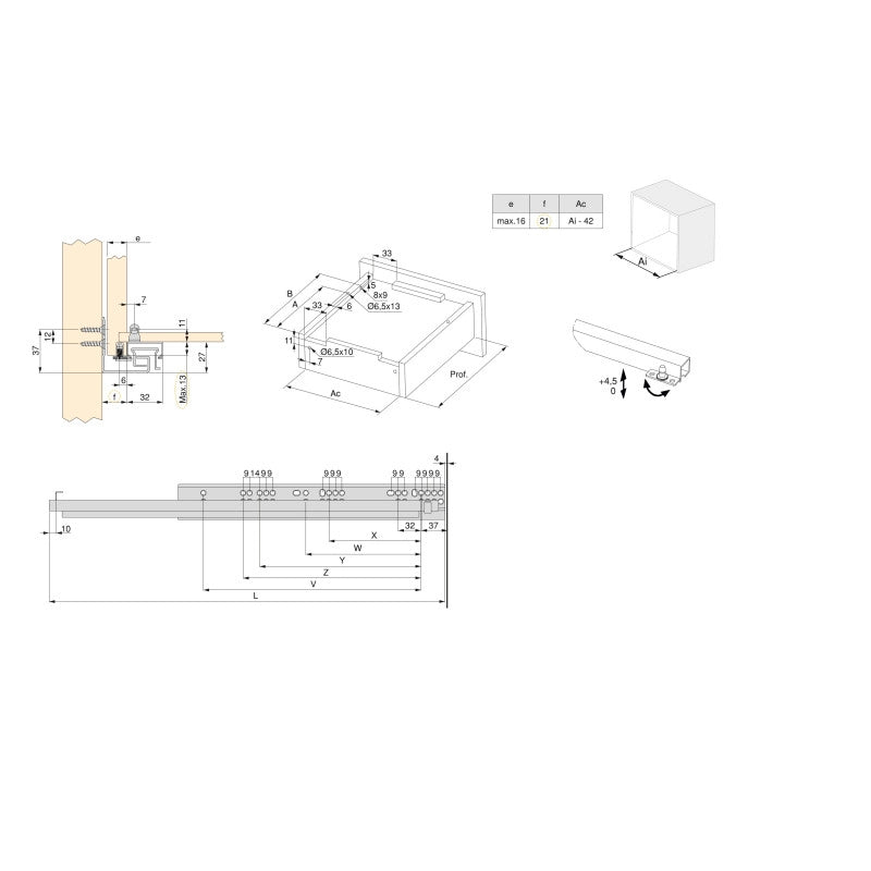Set di guide per cassetti a scomparsa Silver, estrazione totale, chiusura soft, profondità 450 mm, Acciaio, Zincato b..
