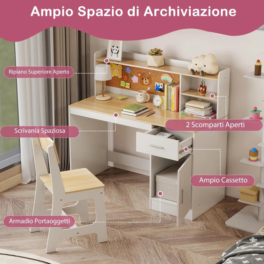 Set Scrivania e Sedia per Bambini 3+ Anni, Tavolo da Scrittura in Legno con Mensole, Cassetto e Bacheca in Sughero, Tavolo e Sedia per Disegno e Studio (Naturale)