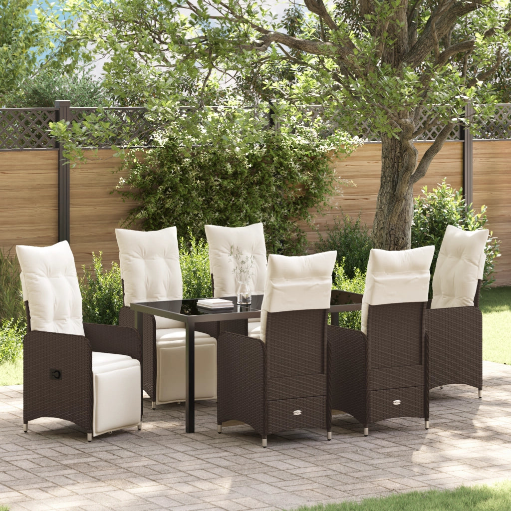Set da Pranzo da Giardino 7 Pezzi con Cuscini Marrone Polyrattan