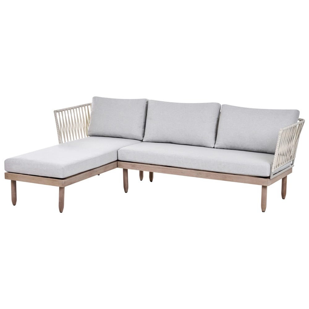 Set Lounge da Esterno in Legno di Acacia con Cuscini Grigi Poltrona in Finto Rattan Tavolino Destro 4 Posti