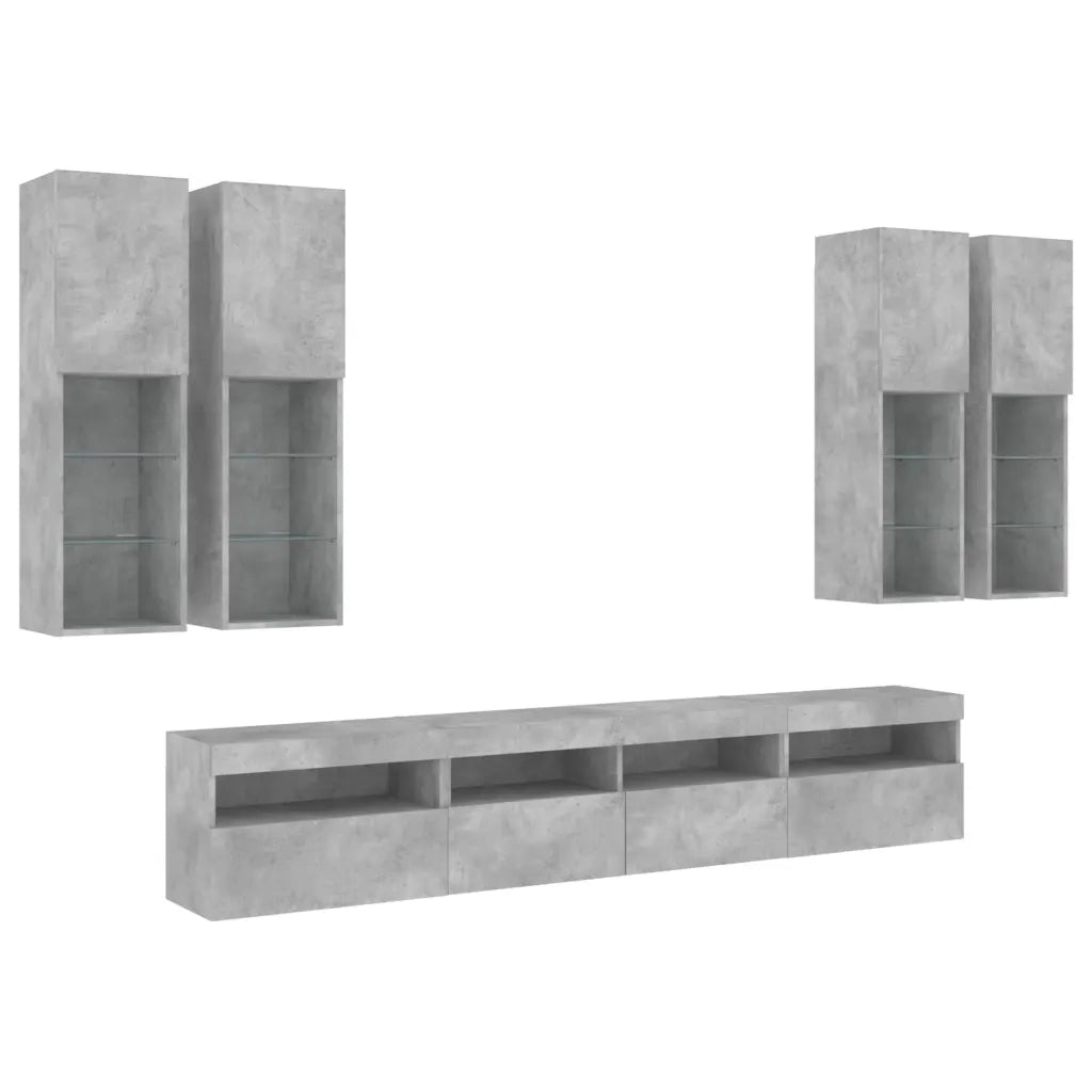 Set Mobili TV a Muro 7 pz con Luci LED Grigio Cemento