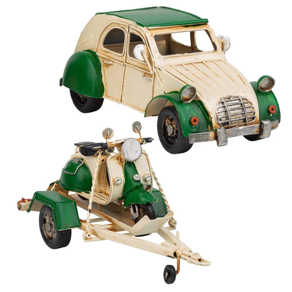 Rimorchio auto con moto in metallo verde 41x9x9,5h