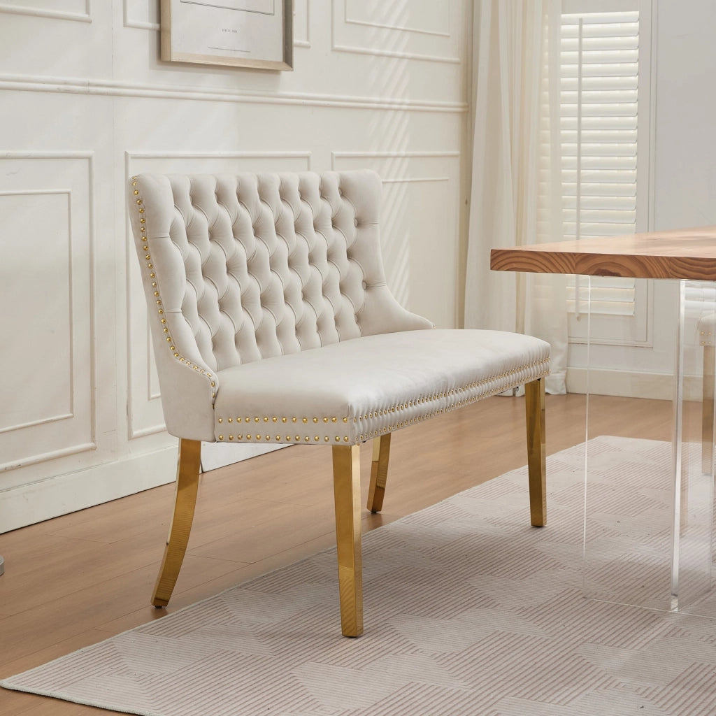 Panca da Pranzo 2 Posti Imbottita in Velluto ¨C Xylo ¨C Beige, Gambe Oro
