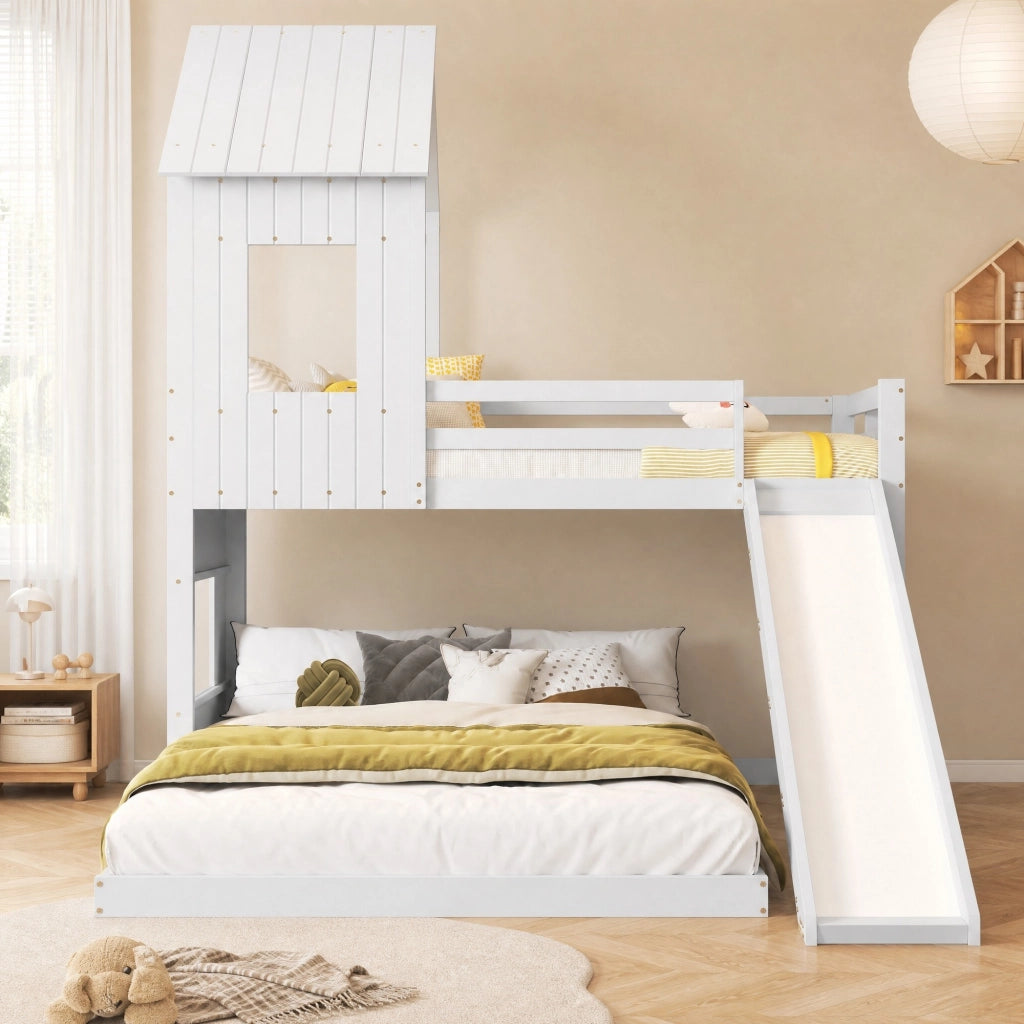 Letto a castello per bambini con scivolo bianco 90x200/140x200 cm