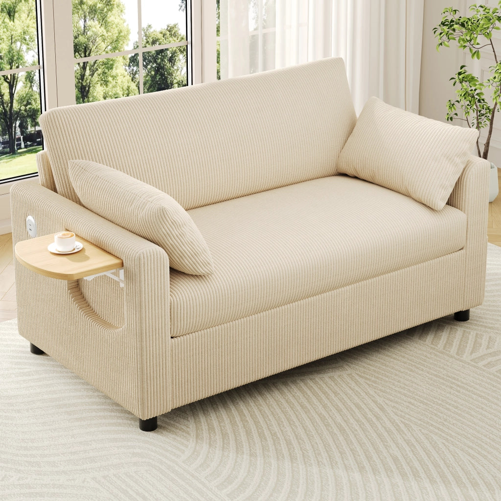 Divano letto 2 posti estraibile con USB; tavolino pieghevole e cuscini; beige