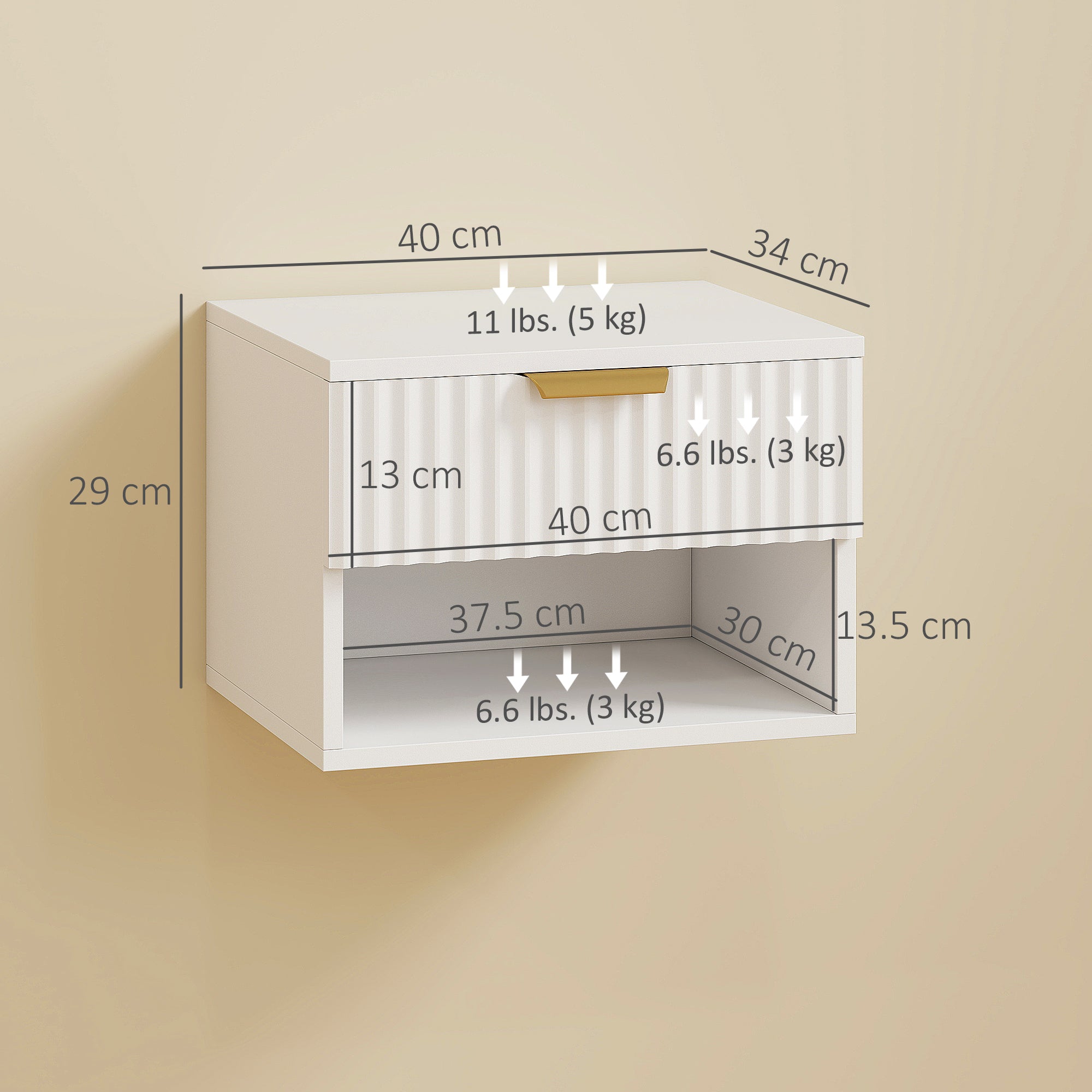 Set di 2 Comodini Sospesi 40x34x29 cm con Pannelli Scanalati Cassetto e Ripiano Bianco