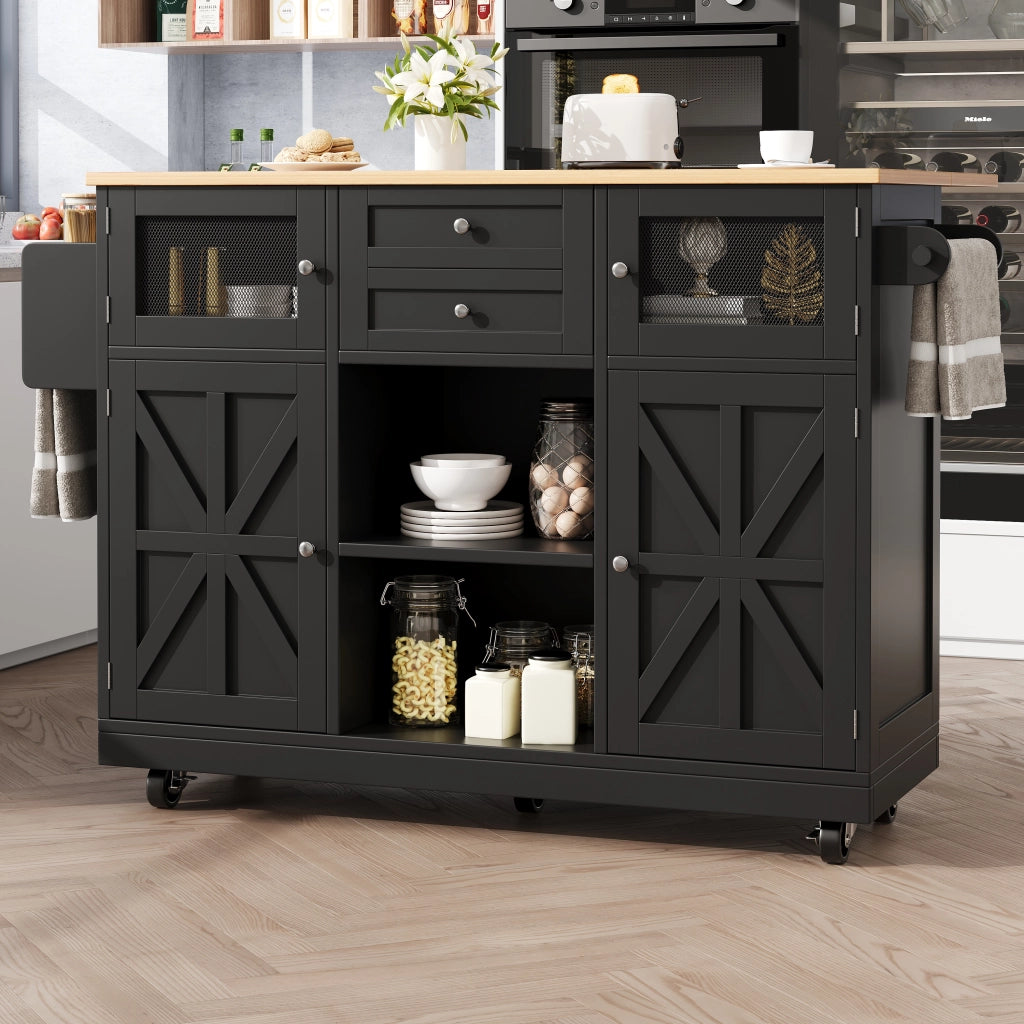 Carrello da Cucina con 2 Ante; 2 Cassetti; Portasciugamani e Ruote; in MDF; Nero; 140 x 40 x 93;5 cm