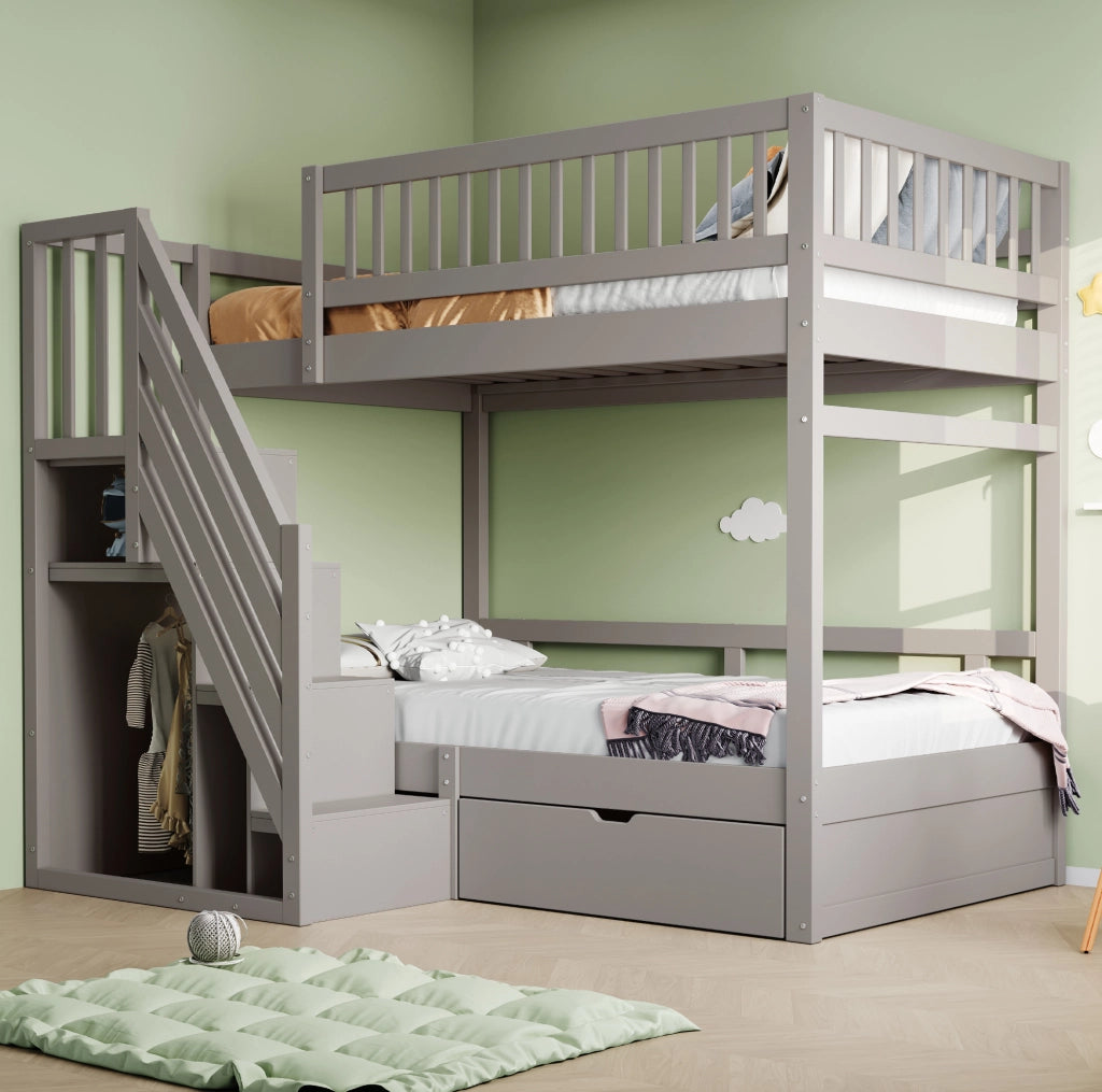 Letto a castello 90x200 cm con scale contenitore e cassetti; grigio