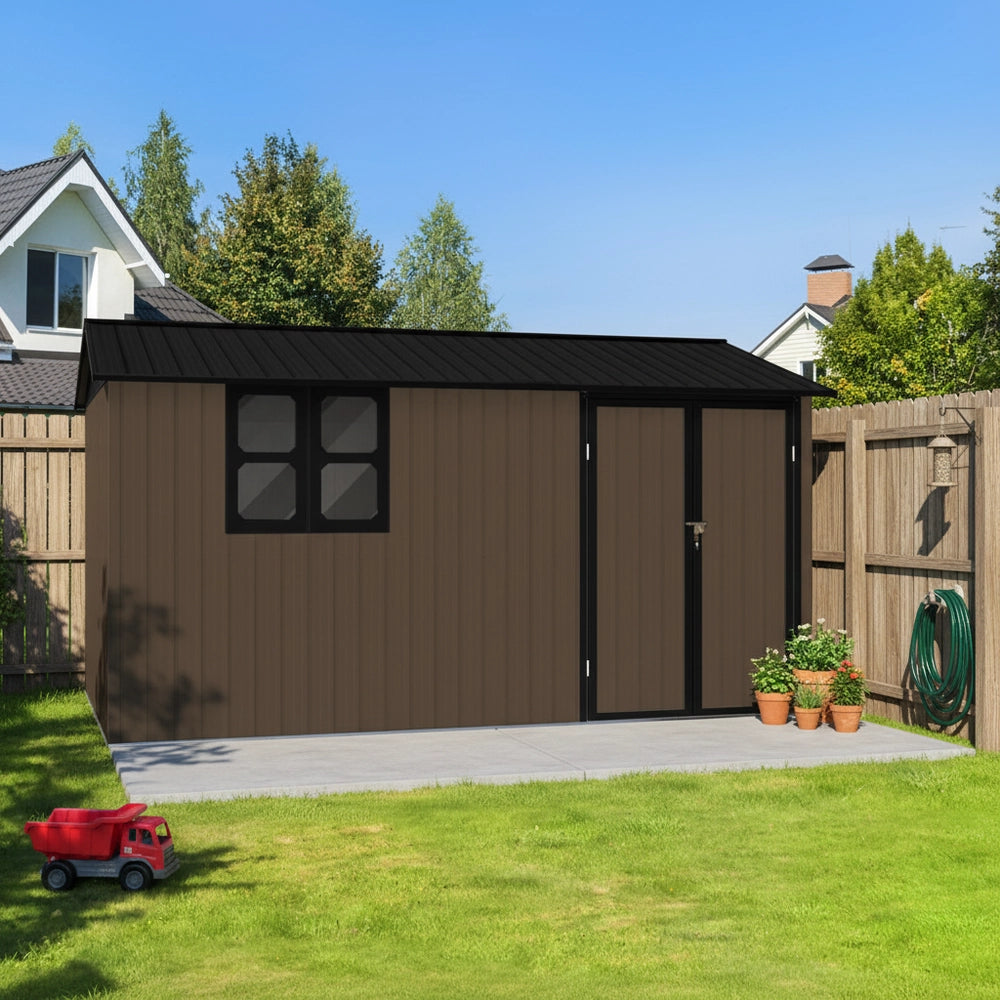 Casetta da Giardino in Metallo con Porta e Finestra ¨C MINIMAL ¨C Marrone/Nero, 362x285.5 cm