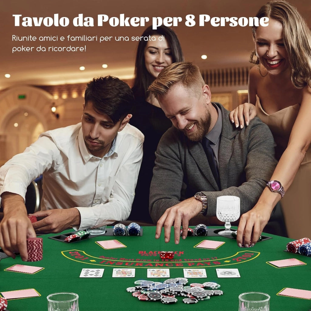 Tappetino da Poker Pieghevole 120 cm, Portatile con Borsa Portabicchieri e Vassoi per Fiches, Tappeto da Poker Antiscivolo, Verde