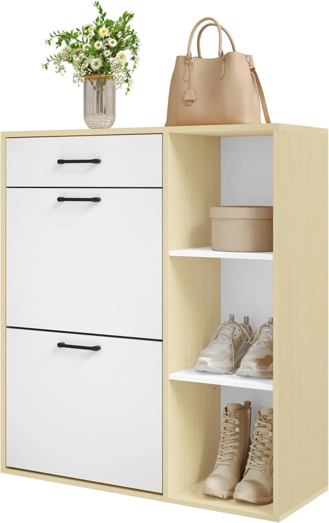Scarpiera a Ribalta, Scarpiera da ingresso con Ripiani Aperti, Porta Scarpe con Cassetto, Organizer per Scarpe, Stivali, Bianco + legno naturale, 80x30x90cm