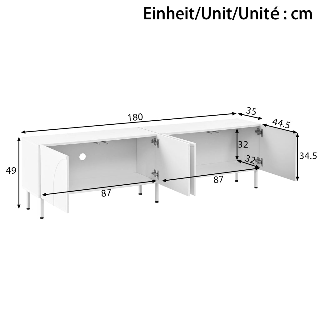 Mobile porta TV con 4 ante e 2 vani separati, piedi in metallo, in MDF e PB, per soggiorno, bianco, 180 × 35 × 49 cm