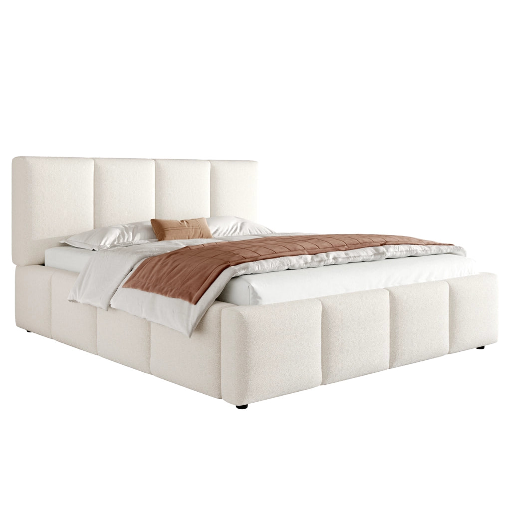 Letto imbottito matrimoniale 180x200 cm con rete a doghe, testiera imbottita in bouclé beige