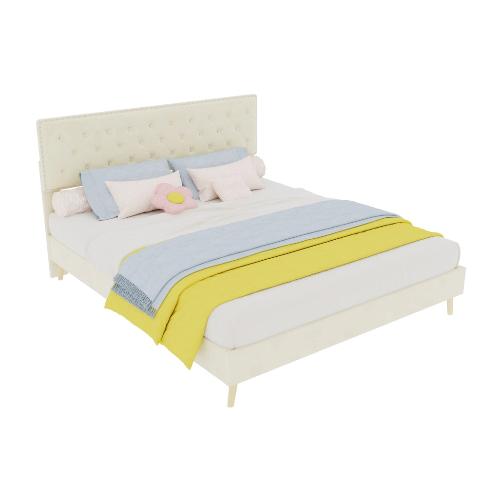 Letto imbottito moderno con testiera morbida, 160x200 cm, beige