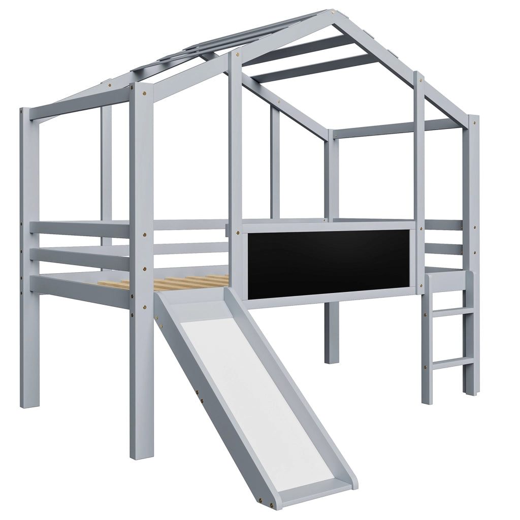 Letto a soppalco singolo 90×200 cm con scala; scivolo; lavagna e barriera; senza materasso; legno; grigio