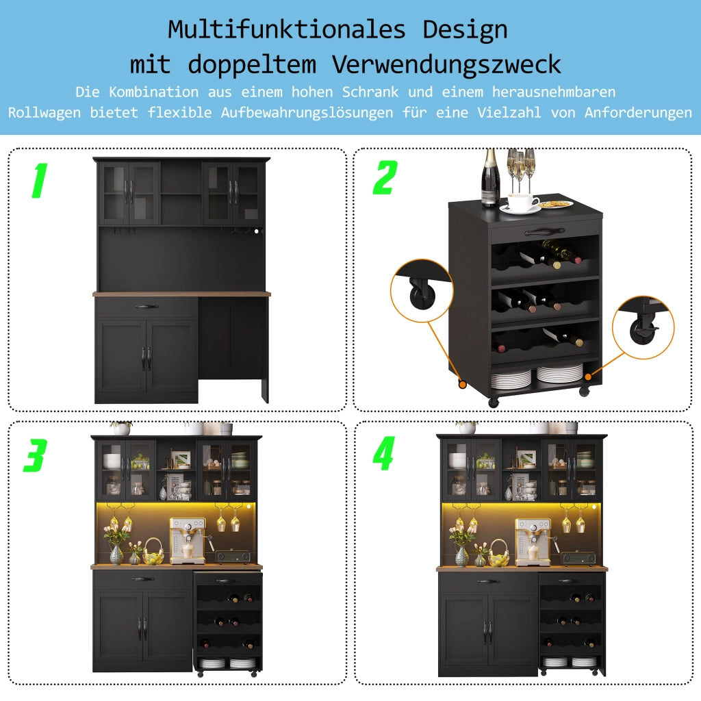ARMADIO CUCINA 140x38x180 cm Nero in MDF con carrello estraibile e LED