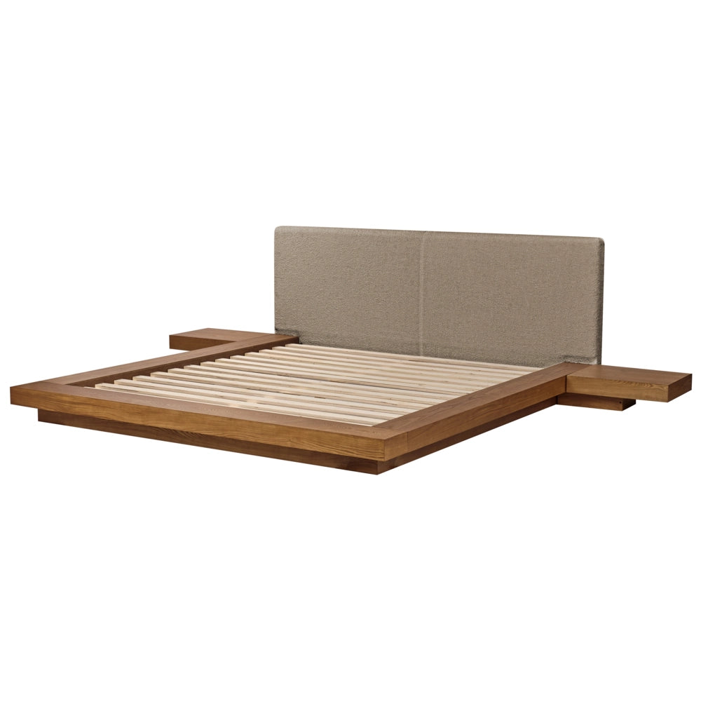 Letto LED in stile giapponese in frassino naturale 180 x 200 cm testata in legno impiallacciato bouclé tortora camera da letto a basso profilo