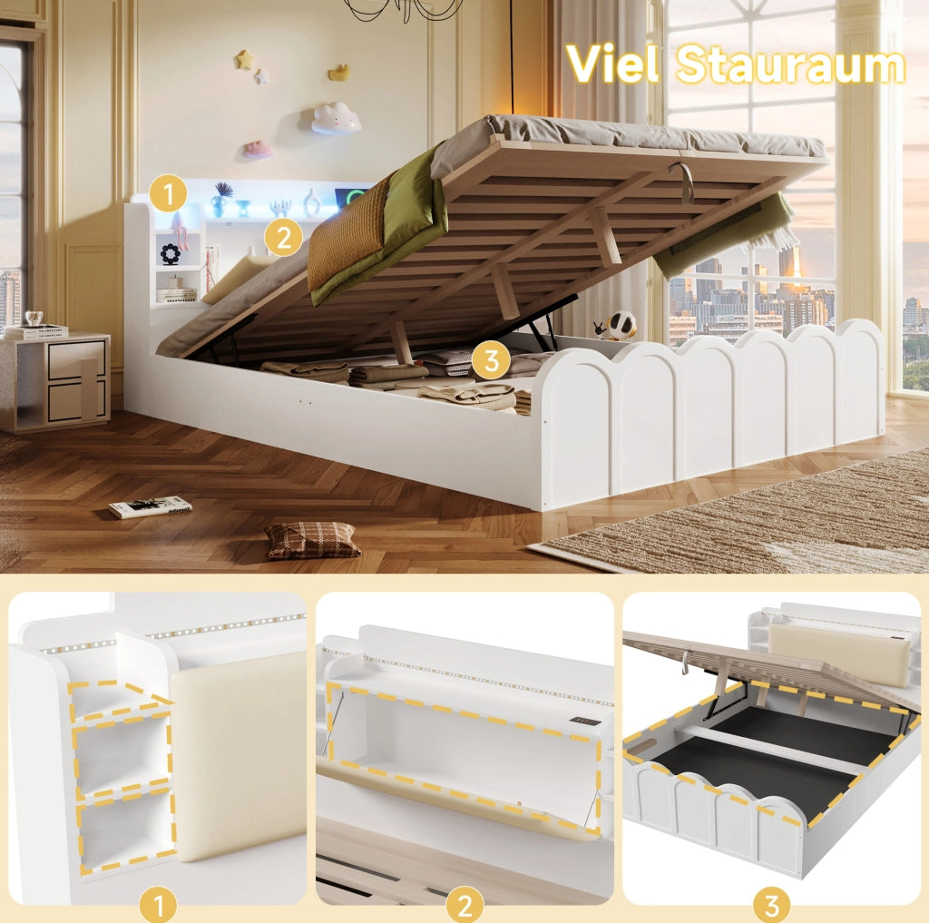 Letto imbottito idraulico 140x200 cm con LED e prese USB