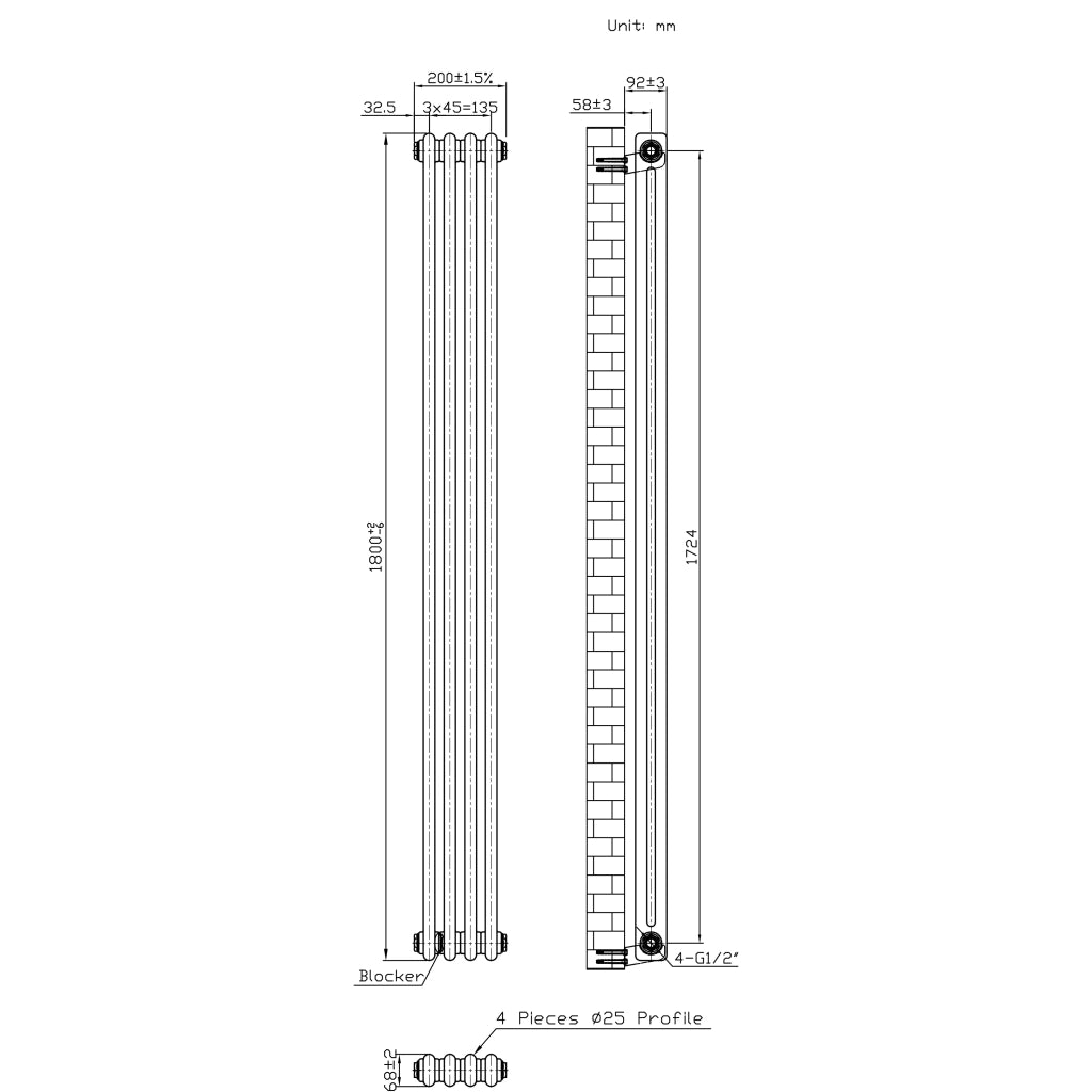 Radiatore Tradizionale 2 Colonne - 1800 x 200 mm - Metallo Grezzo