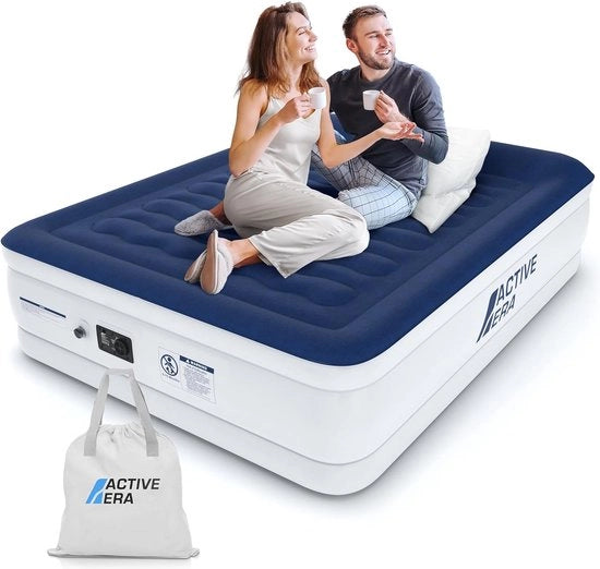 Lettino a Doppio Soggiorno Extra Alto - Cuscino Integrato - Matrimoniale 203x152x56cm - Pompa Elettrica Integrata - Inclusa Tasca Portatile - Impermeabile - Blu/Bianco
