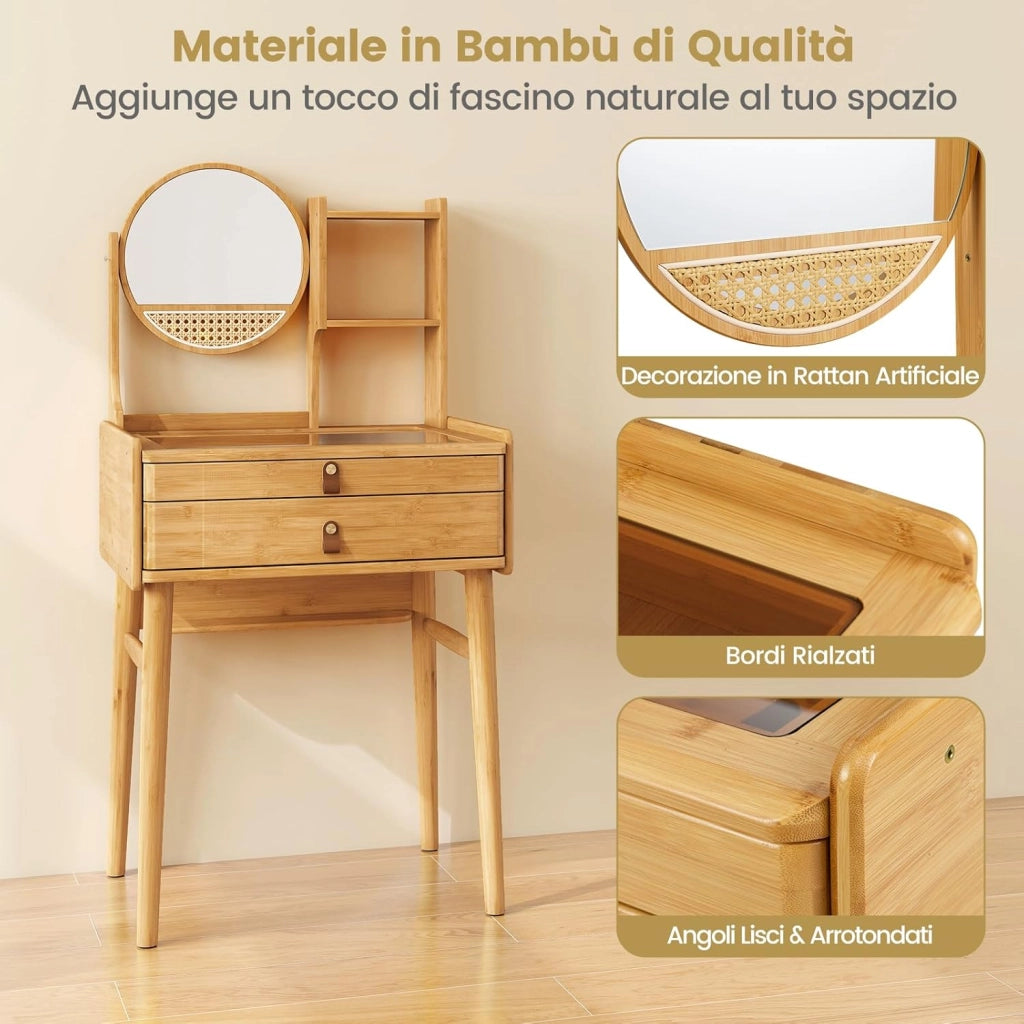 Toeletta da Trucco con Specchio Girevole, Tavolo da Toeletta con 2 Cassetti, Ripiani Aperto, Piano in Vetro, Consolle Trucco in Bambù per Camera da Letto, Soggiorno (1, Senza Sgabello)