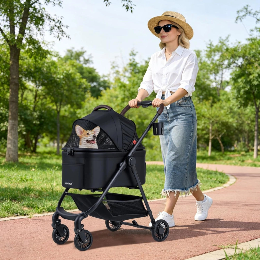 3-in-1 Passeggino per Cani, Carrozzina per Cani Rimovibile Fino a 15 kg con Tetto in Rete Regolabile, Cesto Portaoggetti e Cintura di Sicurezza, Passeggino Portatile per Cagnolino (Nero)