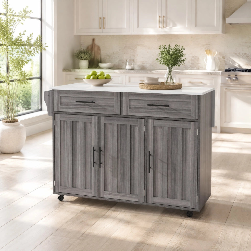Carrello cucina con piano allungabile 129x46/71x91,5/95 cm, MDF grigio e bianco, con ruote e ripiani regolabili