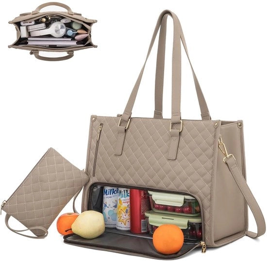 Borsa da pranzo per donne 15,6 pollici con tasca isolante per il pranzo Grande borsa da pranzo 2-in-1 con cinturino per il trasporto Borsa da pranzo per lavoro ufficio (Khaki)