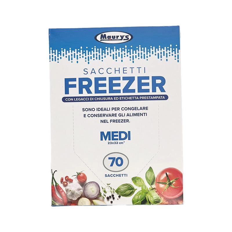 MAURY'S SACCHETTI FREEZER CON LEGACCI DI CHIUSURA ED ETICHETTA PRESTAMPATA 70 SACCHETTI MEDI 23X32 CM