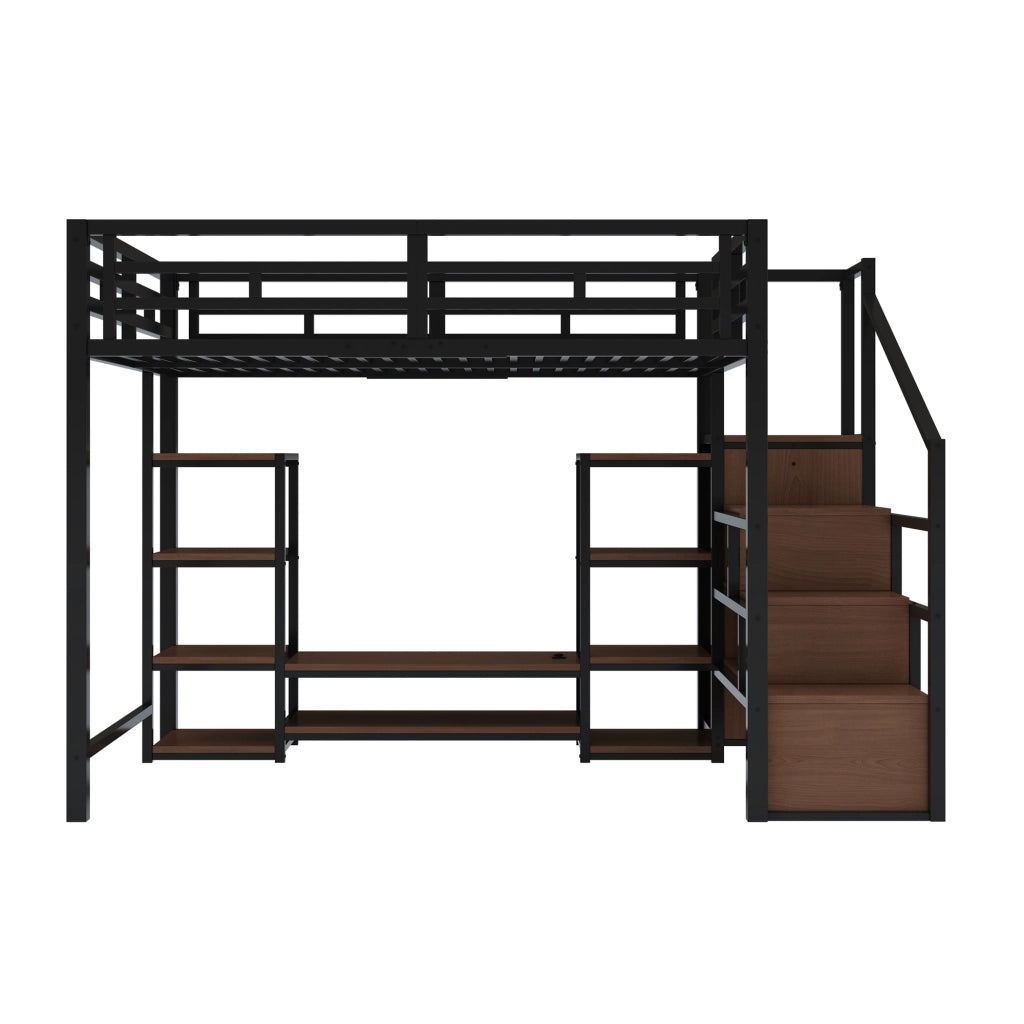 Letto a soppalco 140x200 cm con supporto TV; prese USB; scala di sicurezza e contenitore; metallo e legno nero