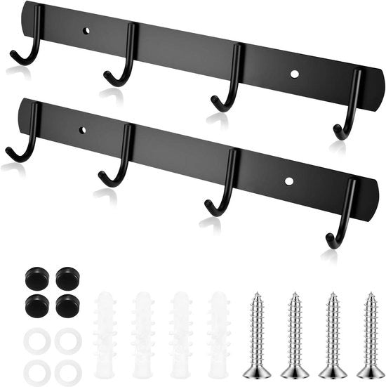 Due pezzi di supporto per cappotti in alluminio nero con 4 ganci per giacche e cappelli - supporto per abiti, supporto per cucina, supporto per abiti in vetrina.