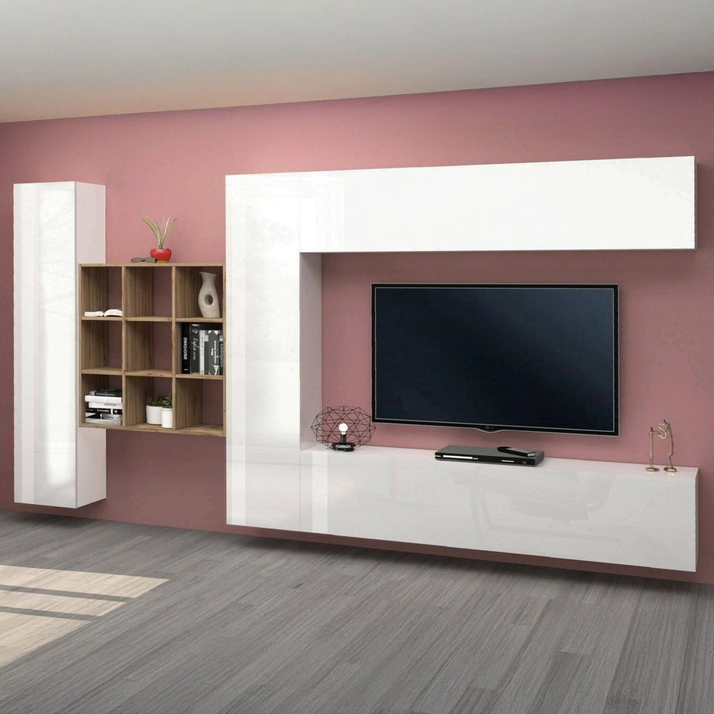 Parete attrezzata Agira, Set salotto porta TV a 4 ante, Mobile soggiorno multiuso, 100% Made in Italy, cm 350x30h180, Bianco lucido