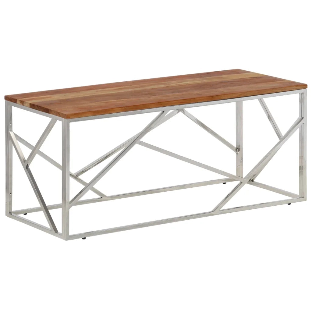 Tavolino Salotto Argento Acciaio Inox e Legno Massello Acacia 349943