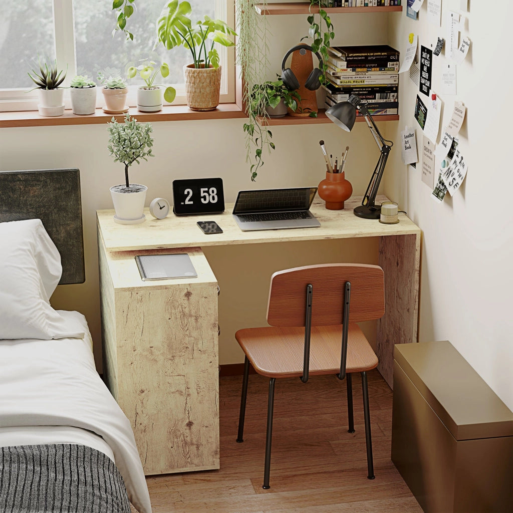 Scrivania da Ufficio Angolare 3 Cassetti e Ripiani Aperti 117x83,5x76 cm in Legno e Metallo Noce