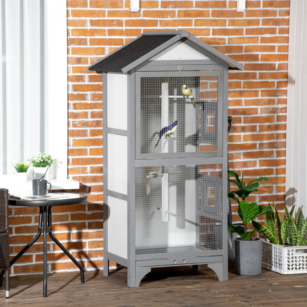 Voliera per Uccelli da Esterno in Legno di Abete. 80.5x57x158.5cm. Grigio Chiaro