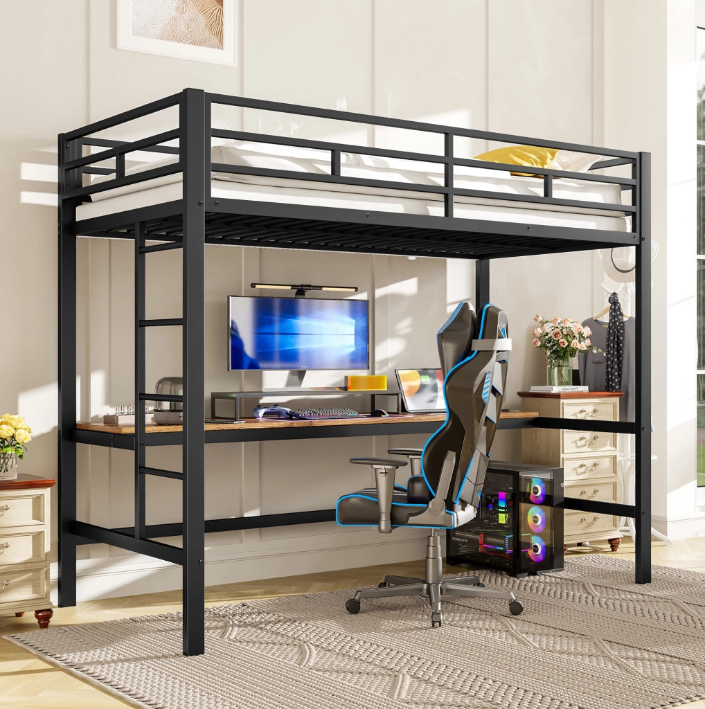 Letto a soppalco 90x200 cm nero con scrivania, LED APP, USB e Type-C