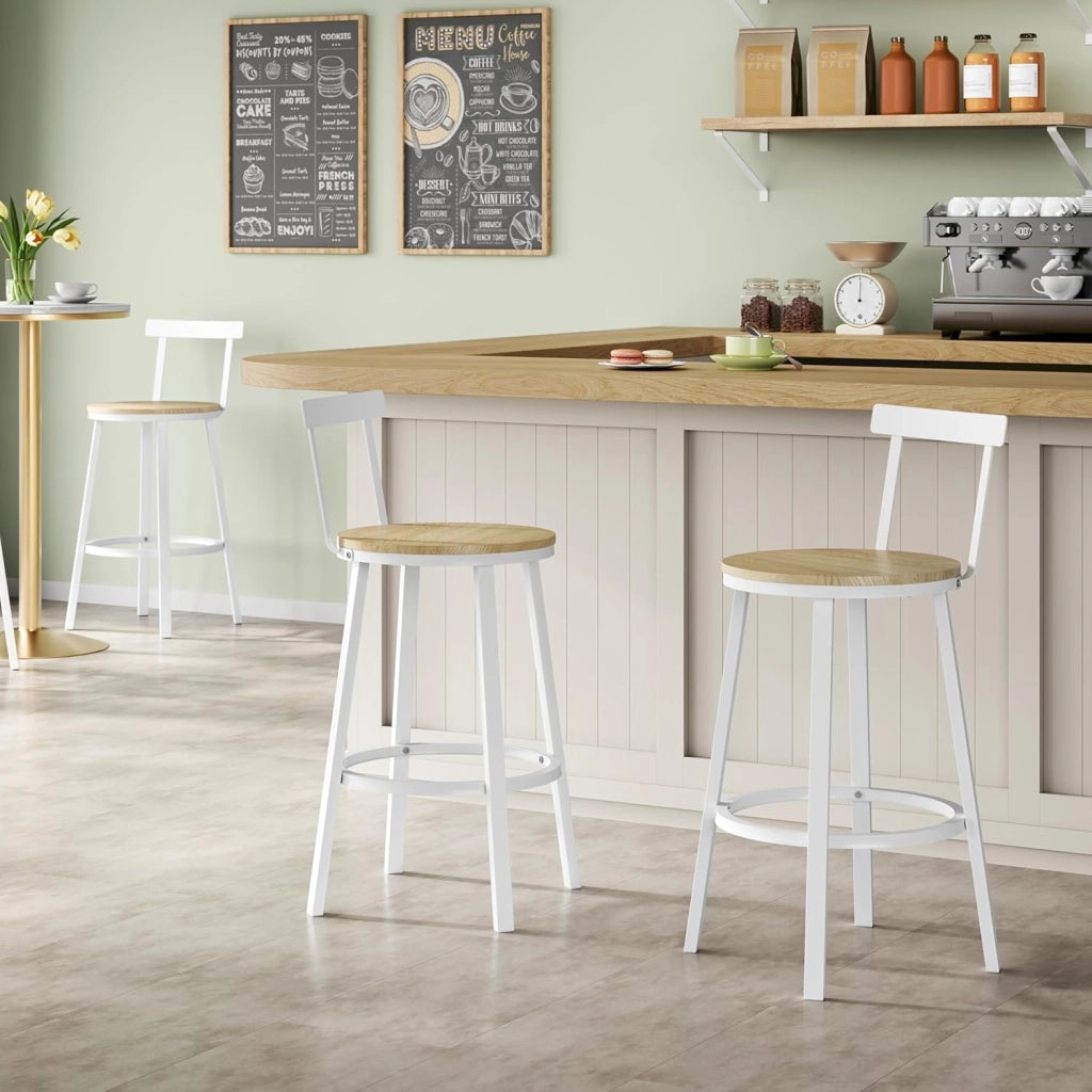Sgabelli Cucina Set di 2, Sgabelli da Bar per Colazione, con Poggiapiedi e Schienale, Struttura in Metallo, Effetto Legno Chiaro